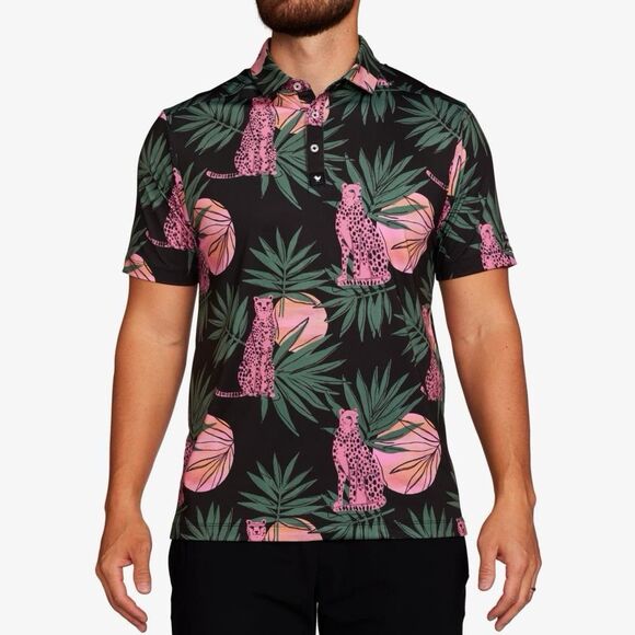 Bad Birdie Dayglow Golf Performance Shirt XXL Black Pink Cheetah Sunset UPF 50 - Picture 1 of 15